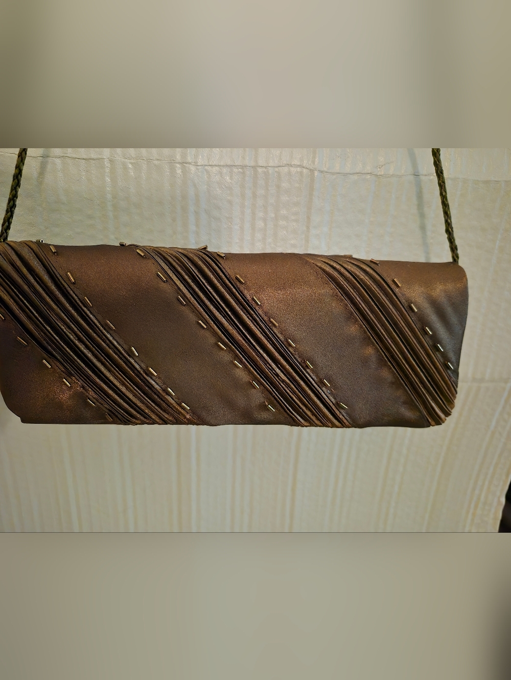 Jessica McClintock Rich Brown Satin Evening Beaded Clutch Braided Details
